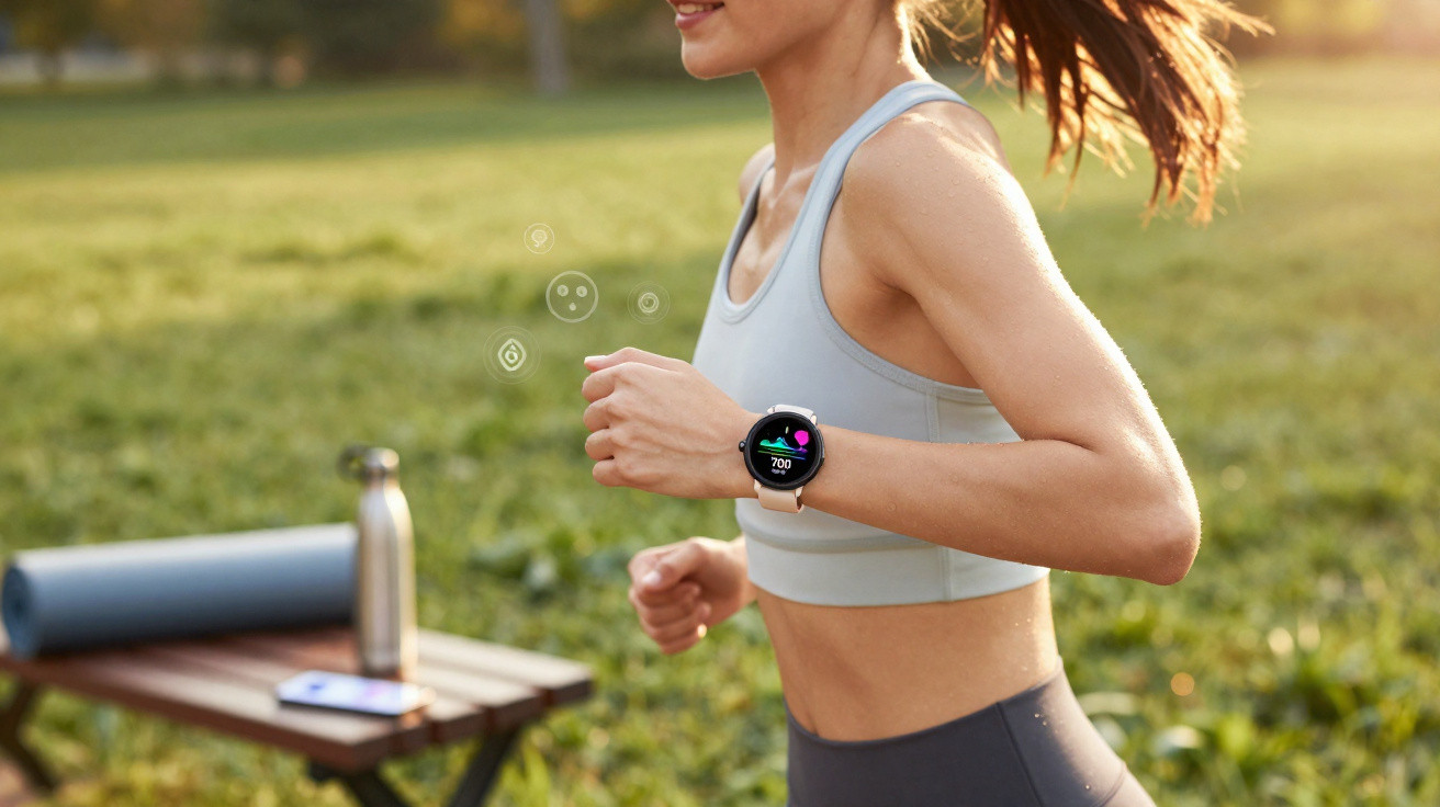 Mulher a correr ao ar livre a usar relógio inteligente para monitorizar a atividade física e saúde.