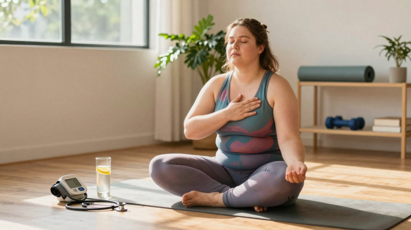 Mulher a meditar sentada de pernas cruzadas num tapete de yoga numa sala iluminada.