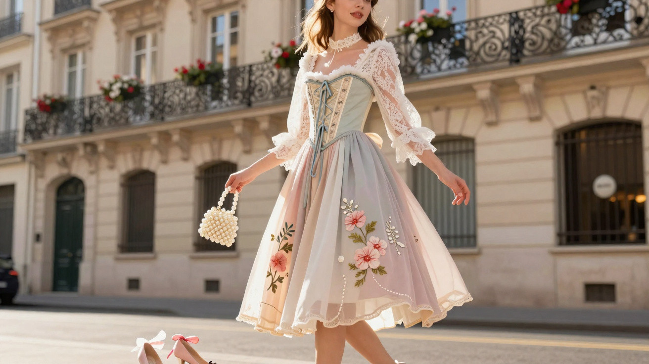 Mulher vestindo vestido vintage florido, segurando mala de pérolas, numa rua com prédio antigo ao fundo.