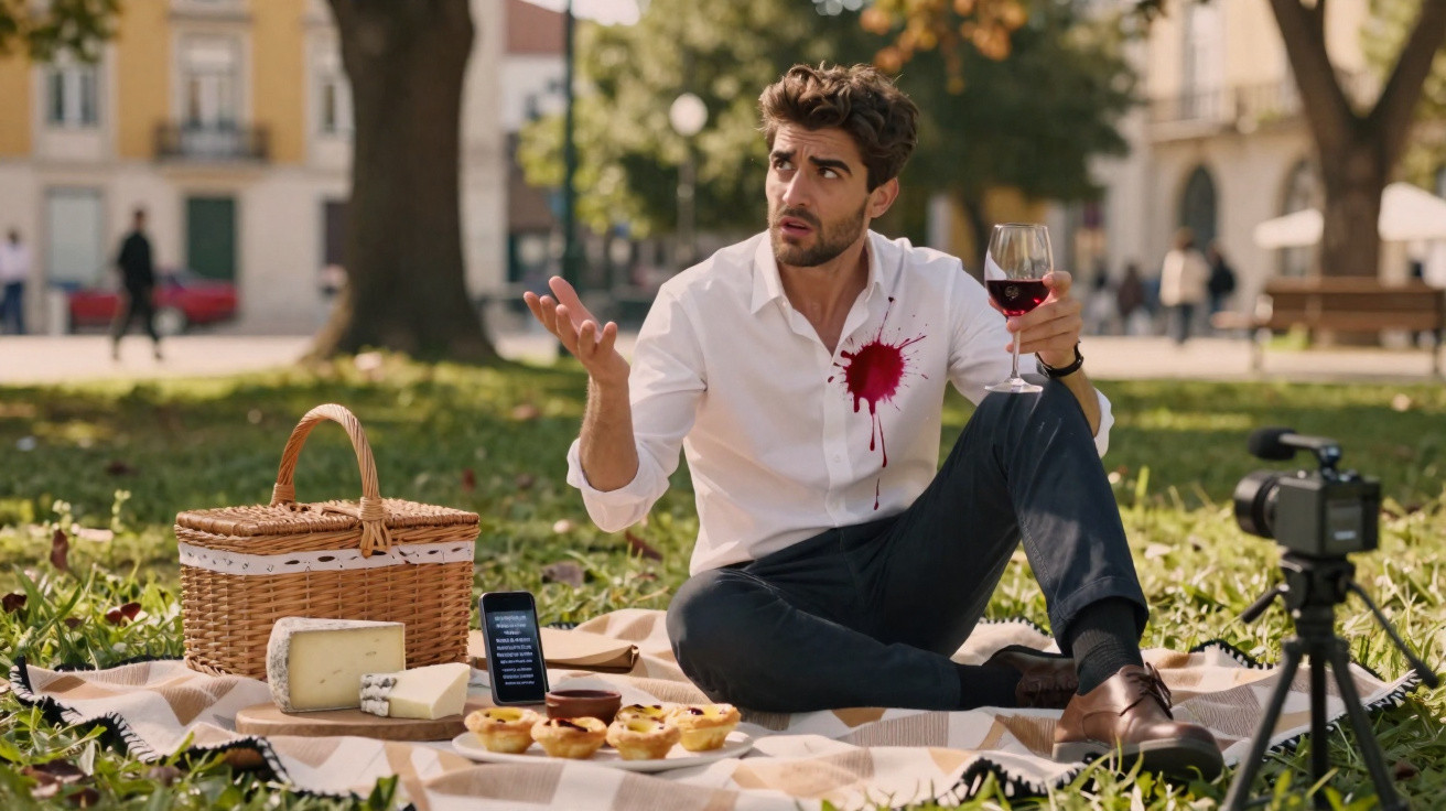 Homem sentado num piquenique com mancha vermelha na camisa, segurando copo de vinho tinto.