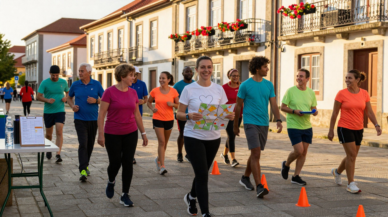 Grupo de pessoas a caminhar e correr numa rua de paralelepípedos numa atividade ao ar livre.