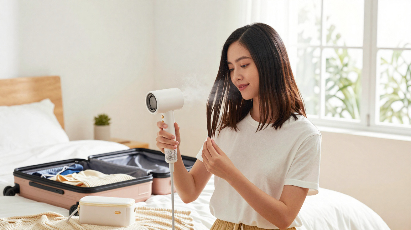 Mulher a usar um vaporizador de roupa para desamassar peças numa mala aberta numa cama.