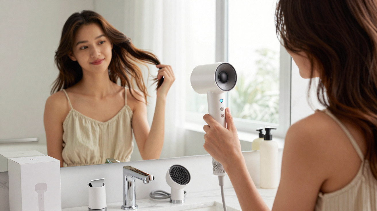 Mulher a secar o cabelo com um secador branco à frente de um espelho numa casa de banho moderna.
