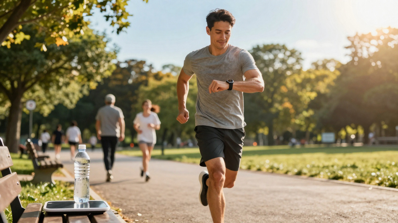 Homem de ténis a correr num parque ensolarado enquanto olha para o relógio no pulso.