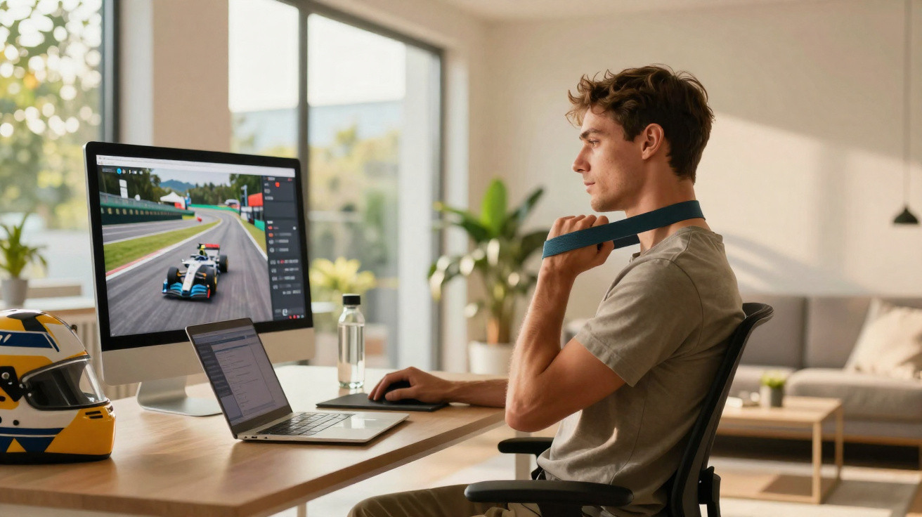 Jovem a tirar um cinto de segurança enquanto joga corrida num computador em casa.