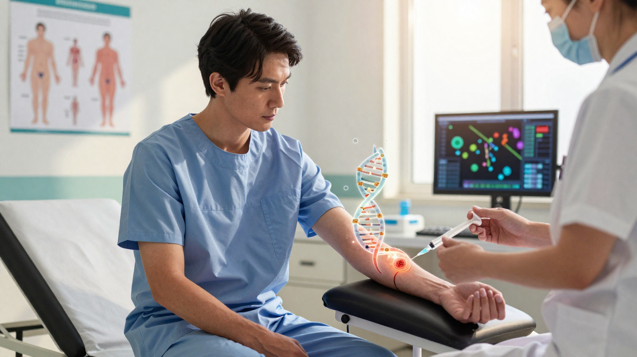 Paciente em consulta médica para teste genético, com representação digital de DNA sobre o braço.