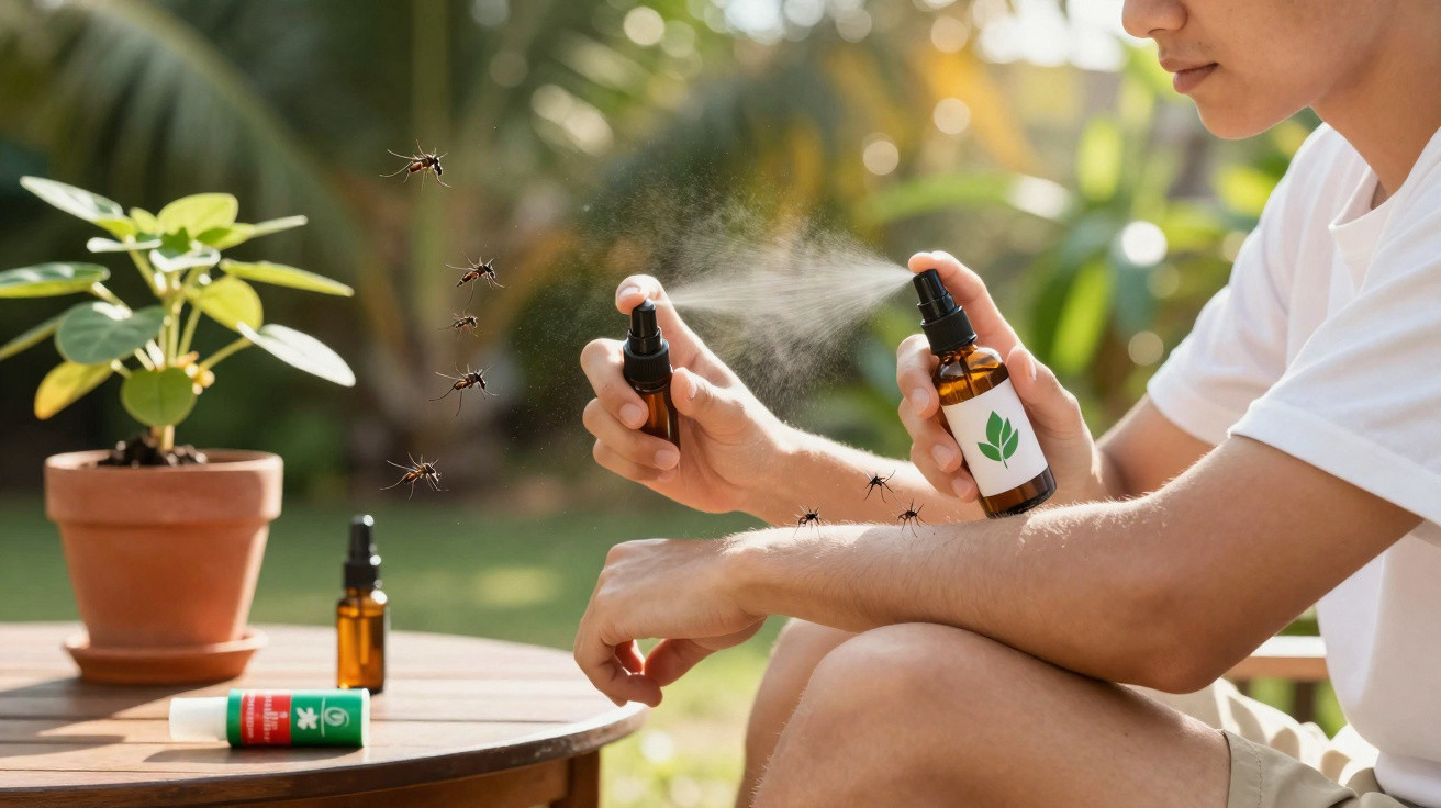 Pessoa a aplicar spray repelente de mosquitos no braço numa área exterior com plantas.