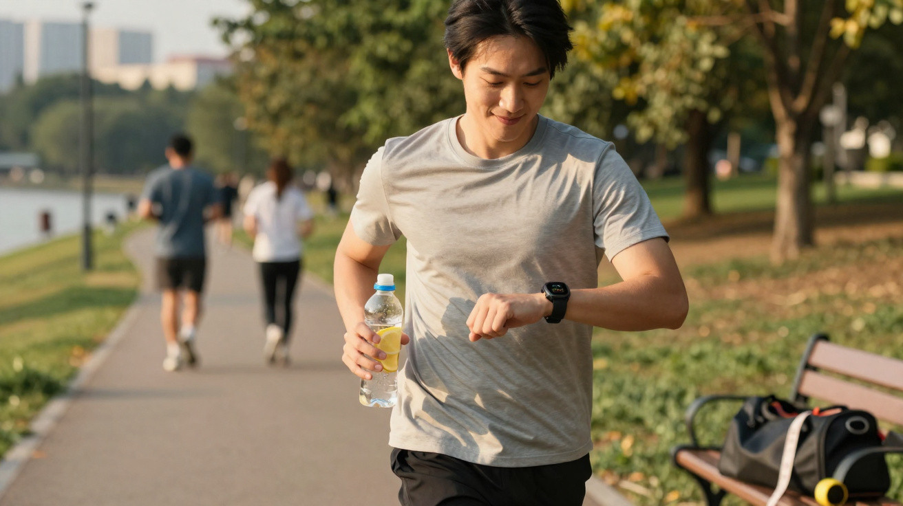 Homem jovem a correr num parque, a olhar para o relógio e a segurar uma garrafa de água.
