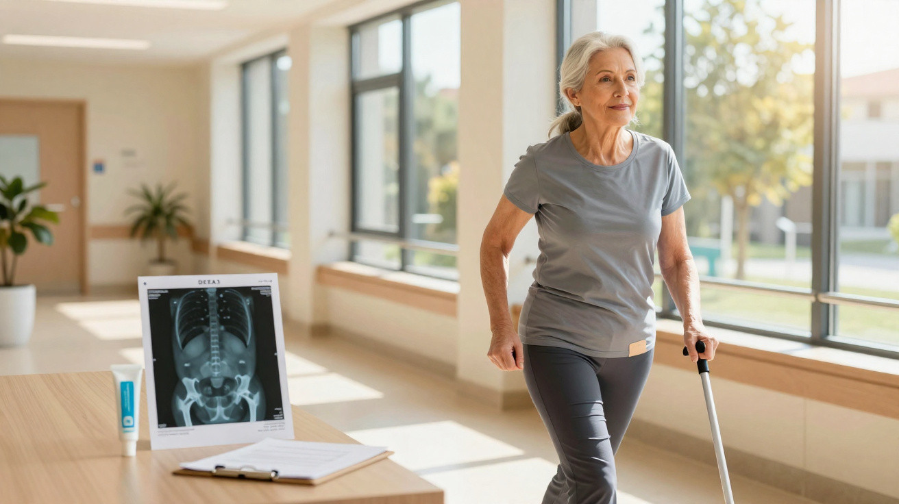 Mulher idosa a caminhar com muletas num corredor de hospital, com radiografia e documentos numa mesa.