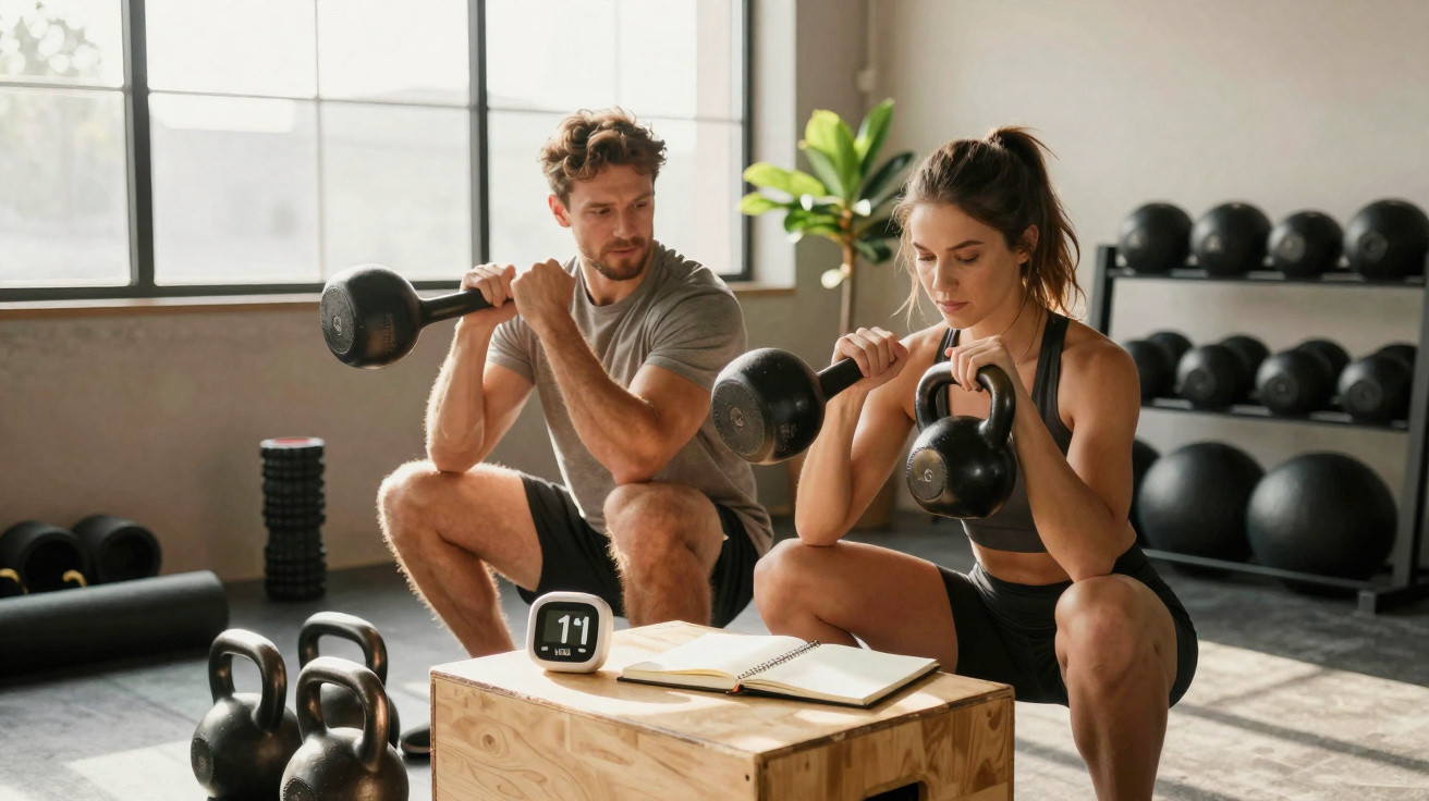 Casal em roupa de treino a fazer exercícios com kettlebells numa academia iluminada e moderna.