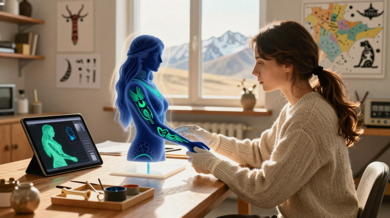 Mulher a trabalhar num holograma feminino com tatuagens luminosas numa sala iluminada por luz natural.