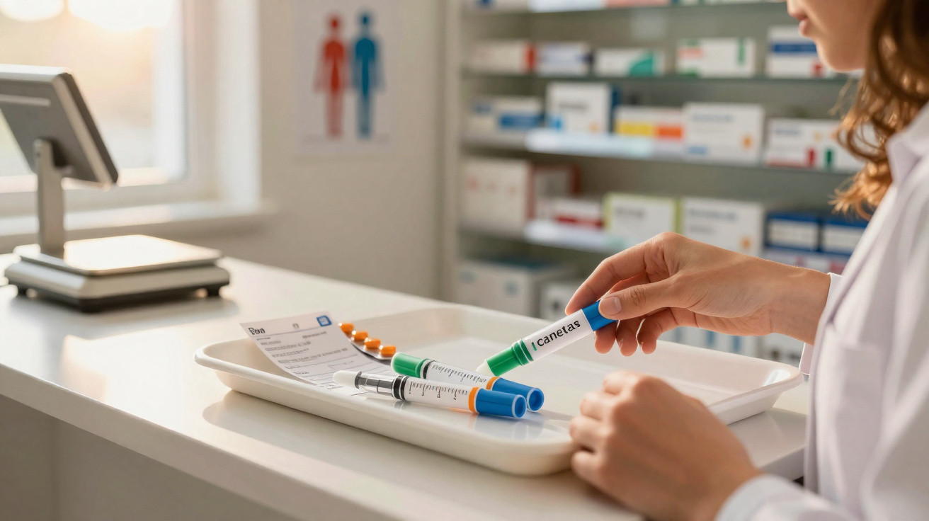 Profissional de saúde prepara canetas de insulina numa farmácia, com medicamentos e balcão visíveis.
