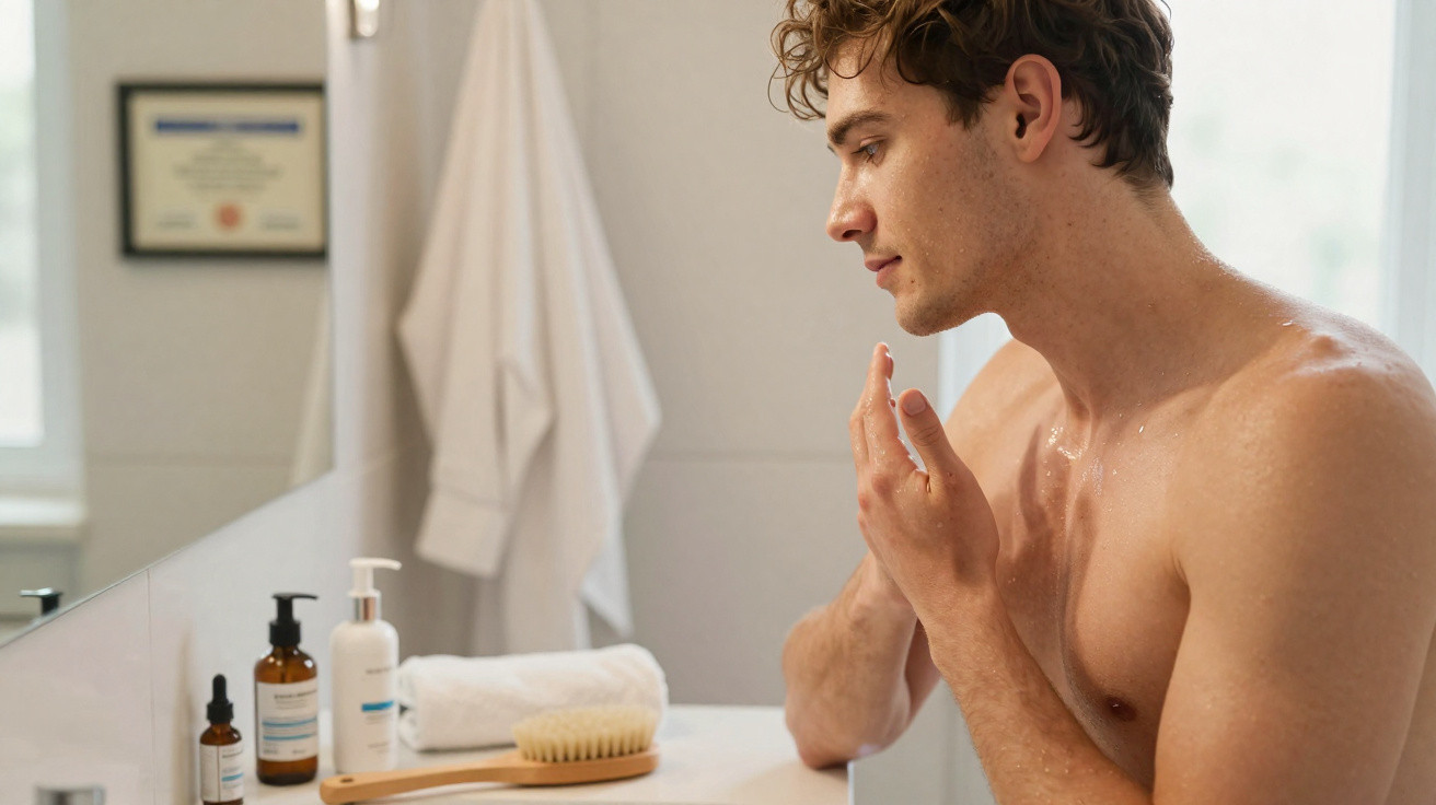 Jovem a aplicar creme no rosto numa casa de banho com luz natural e produtos de cuidados pessoais.