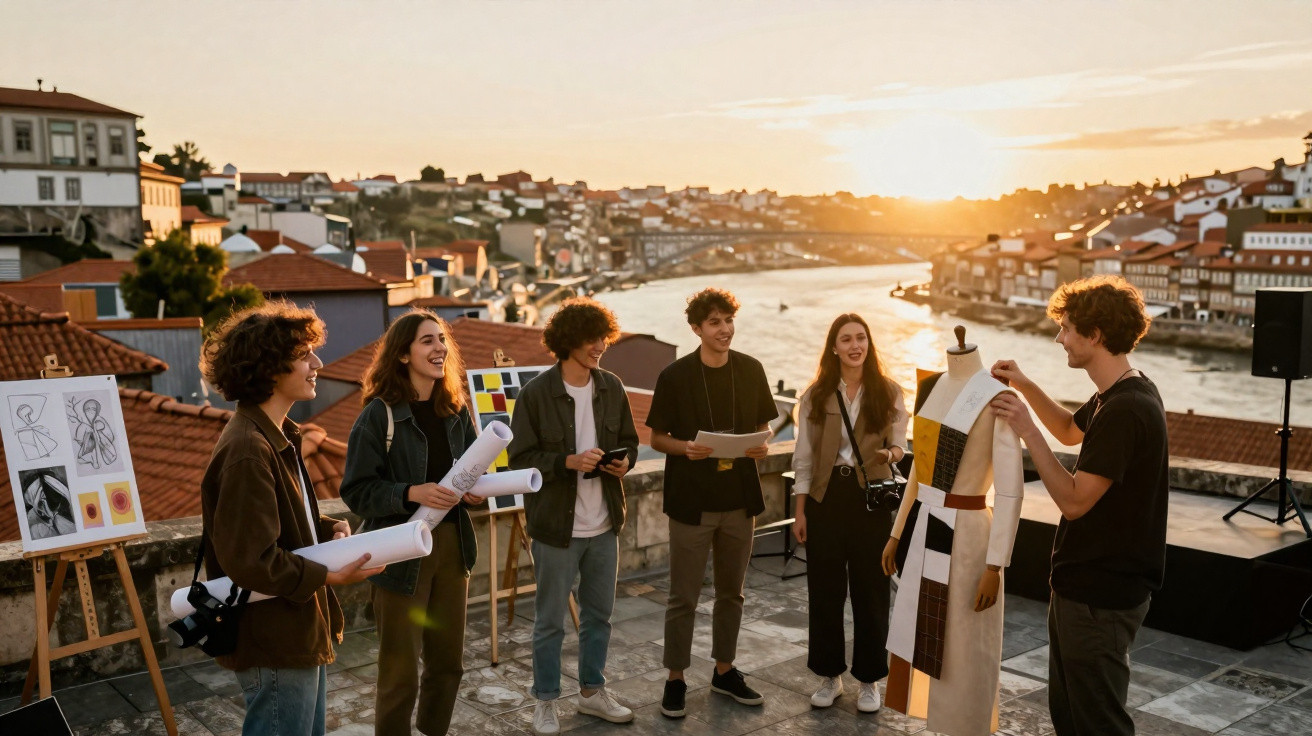 Grupo de jovens criativos a discutir projetos de moda numa varanda com vista para um rio ao pôr do sol.