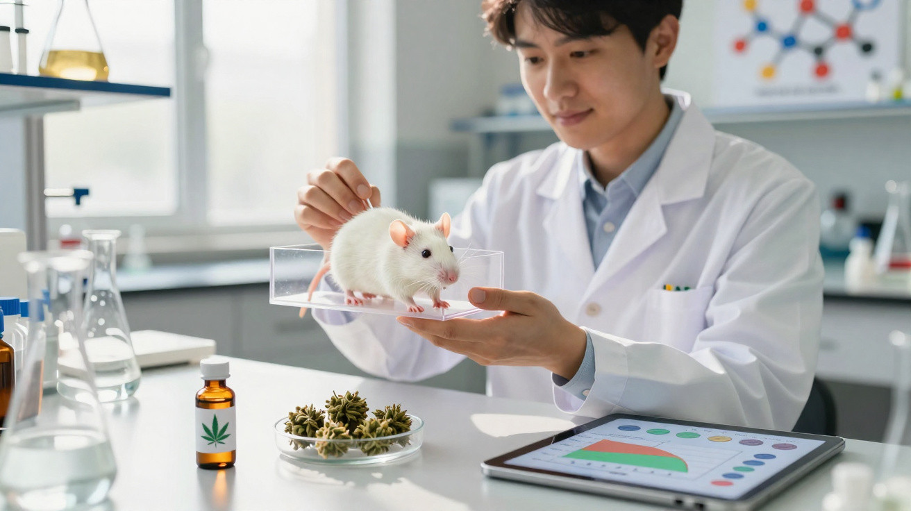 Investigadora em laboratório segura rato branco ao lado de planta e frasco com extrato de cannabis.