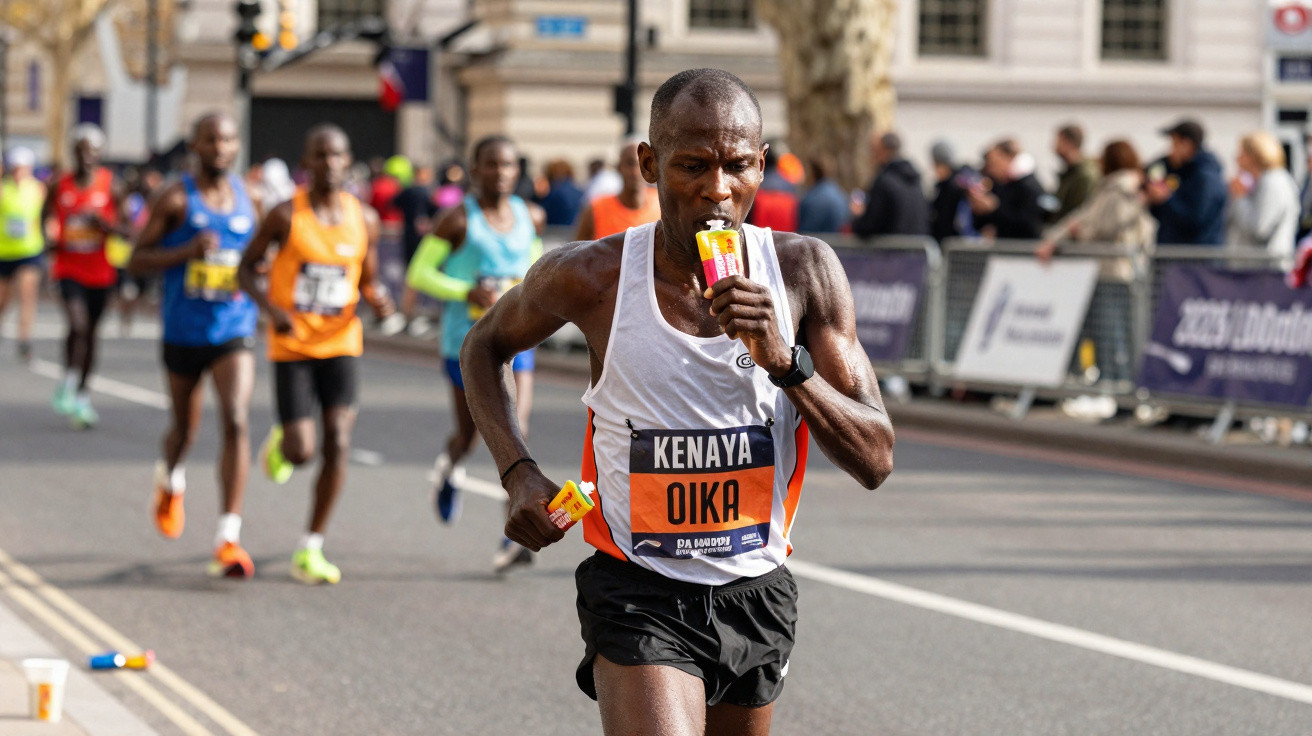Atleta a correr numa maratona, vestindo colete branco com o nome "KENYA", enquanto bebe um gel energético.
