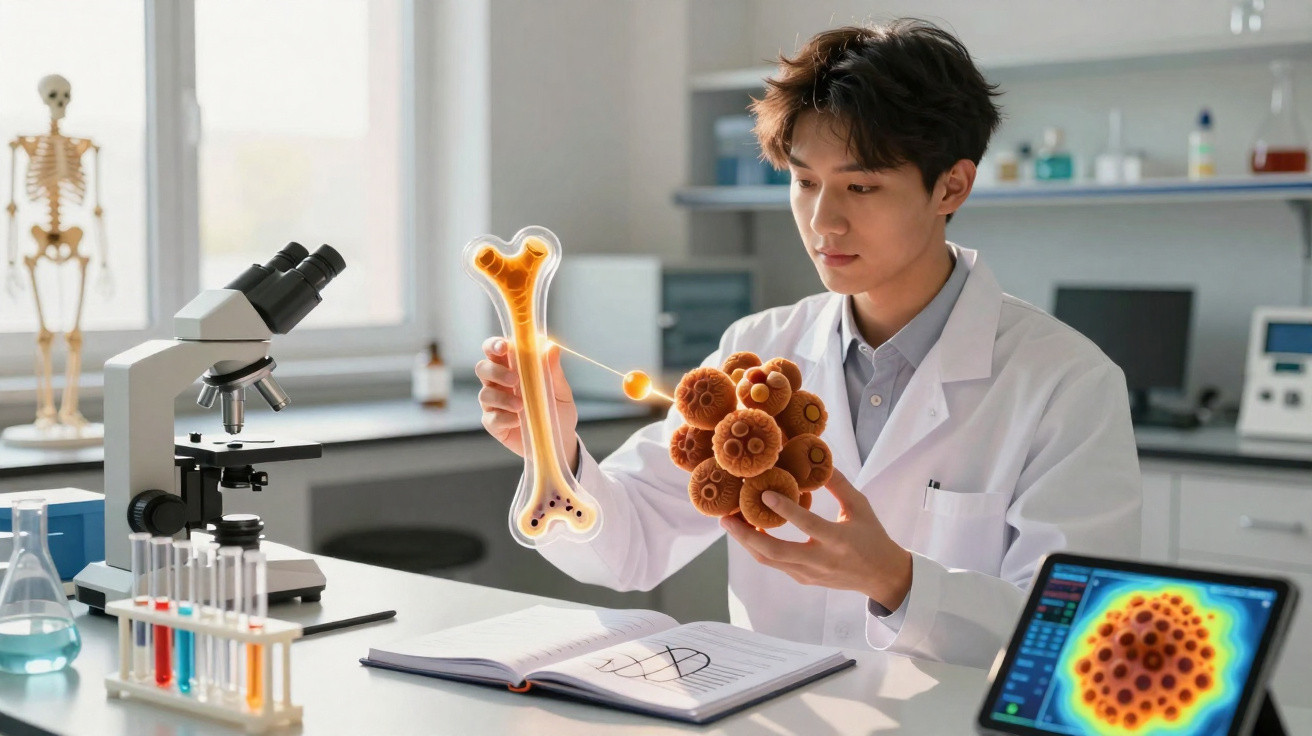 Cientista em laboratório a estudar um modelo digital de um osso e moléculas, com equipamento científico à volta.