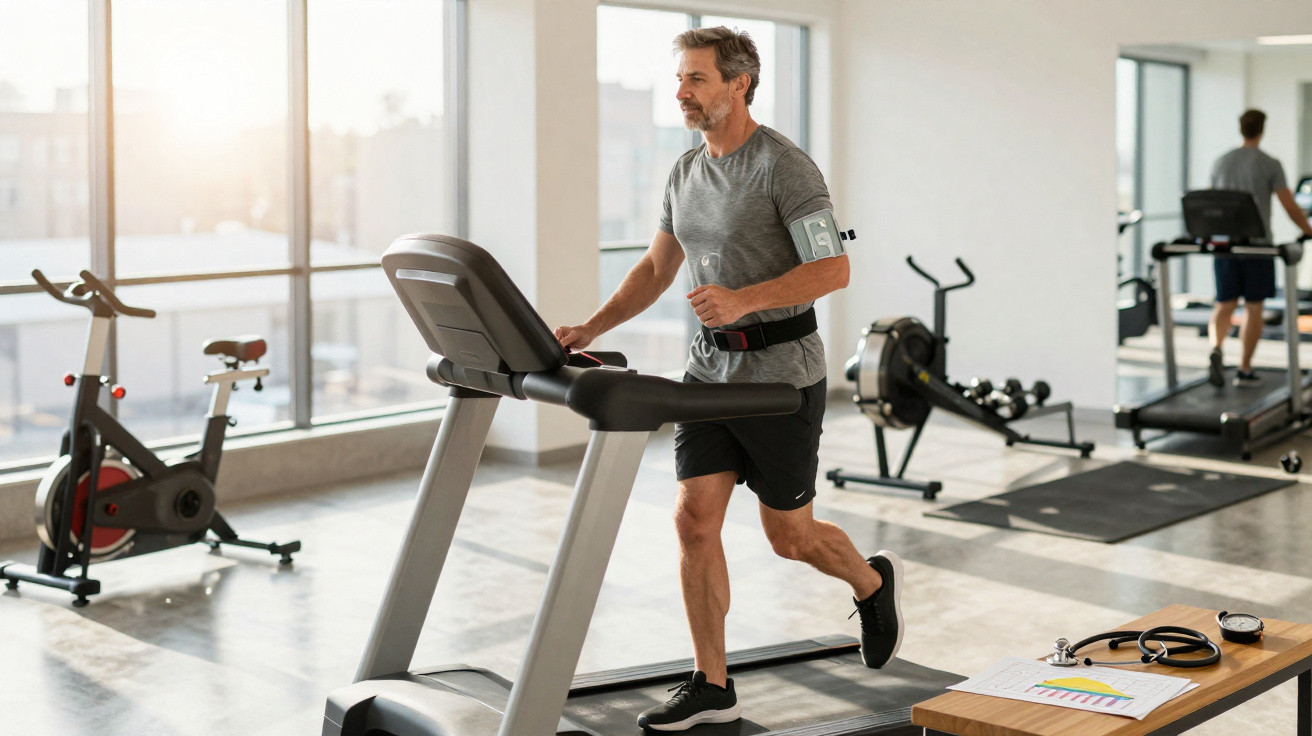 Homem maduro a correr numa passadeira numa sala de ginásio bem iluminada com equipamento de fitness.