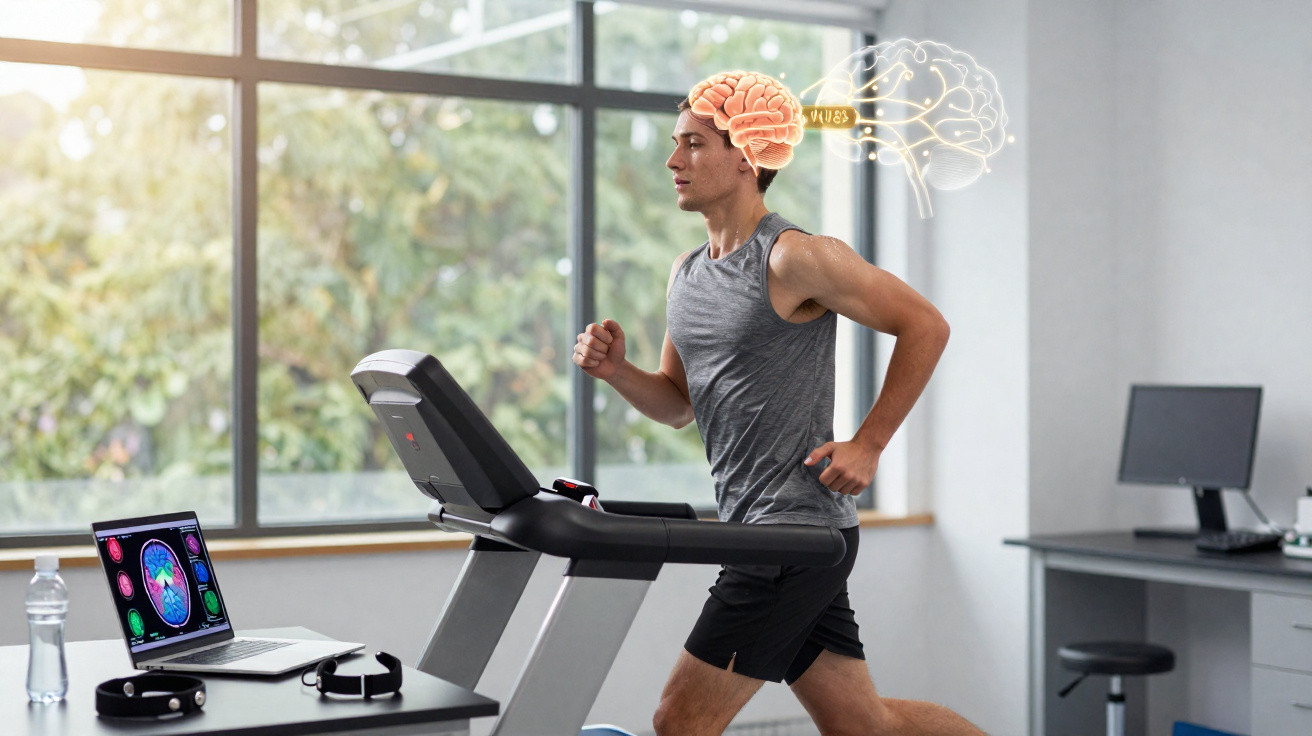 Homem a correr numa passadeira, com representação gráfica do cérebro e ondas cerebrais iluminadas.