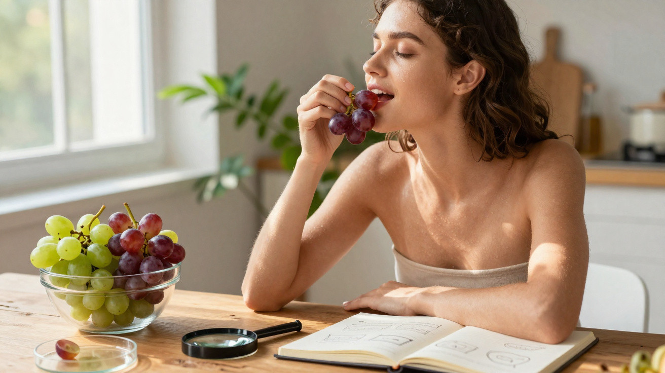 Mulher a comer uvas junto a uma mesa com uma tigela de uvas e um caderno aberto numa cozinha iluminada.