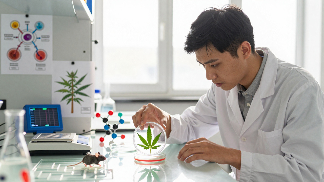 Cientista em laboratório a analisar folha de cannabis sobre placa de Petri com rato e material científico na mesa.