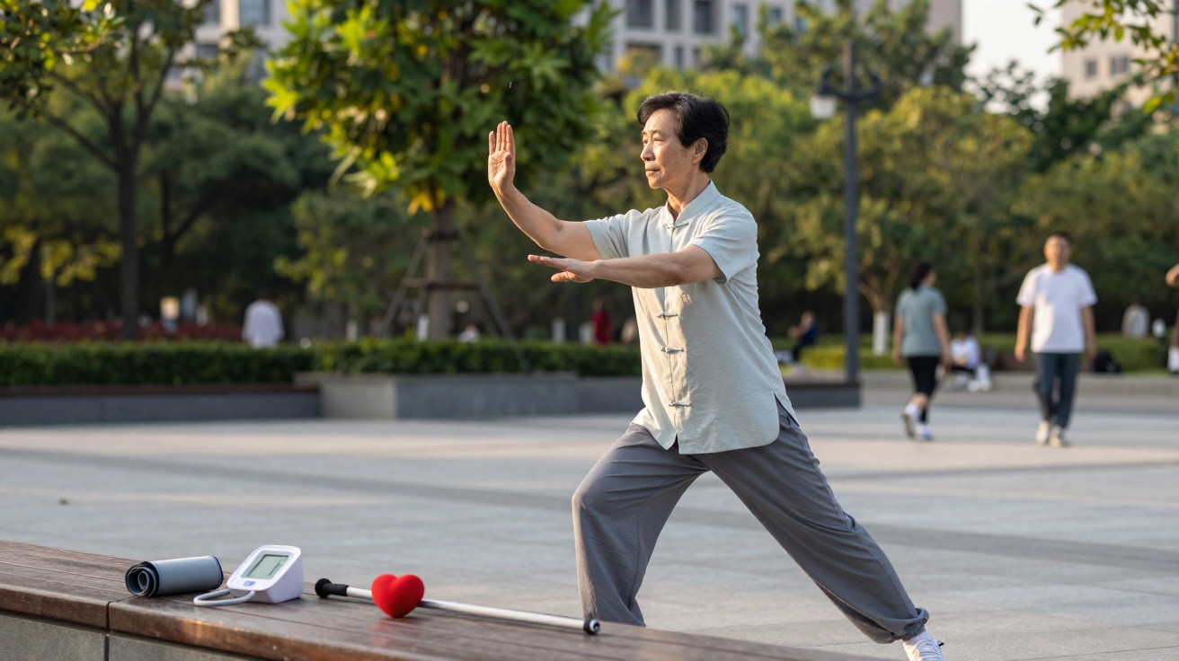 Mulher idosa a praticar tai chi num parque urbano com equipamento médico e coração vermelho numa bancada.