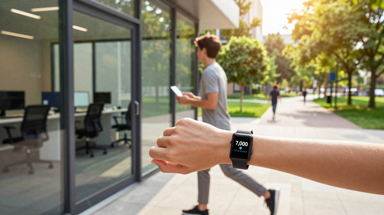 Pessoa a usar uma smartband que indica 7.000 passos, enquanto outra pessoa caminha num parque urbano.