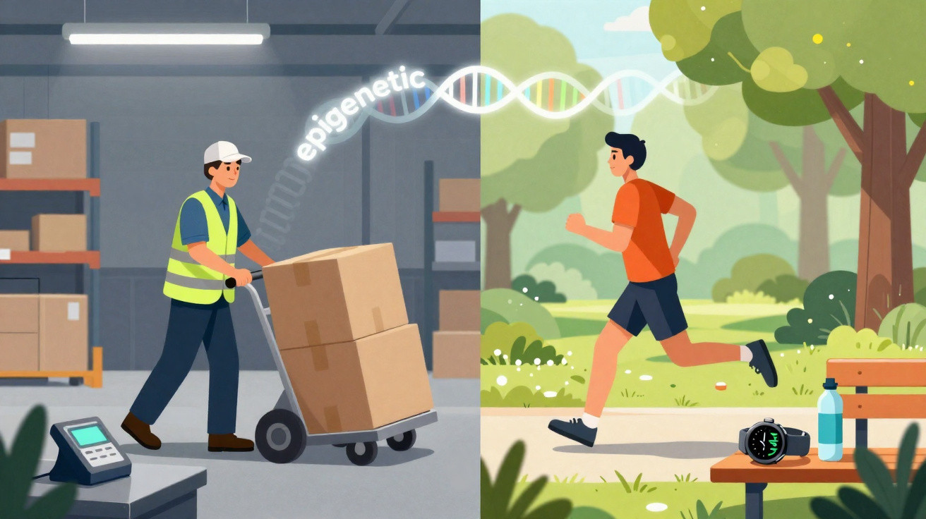 Ilustração dividida mostra trabalhador na fábrica e homem a correr no parque, ligado por relógio epigenético.