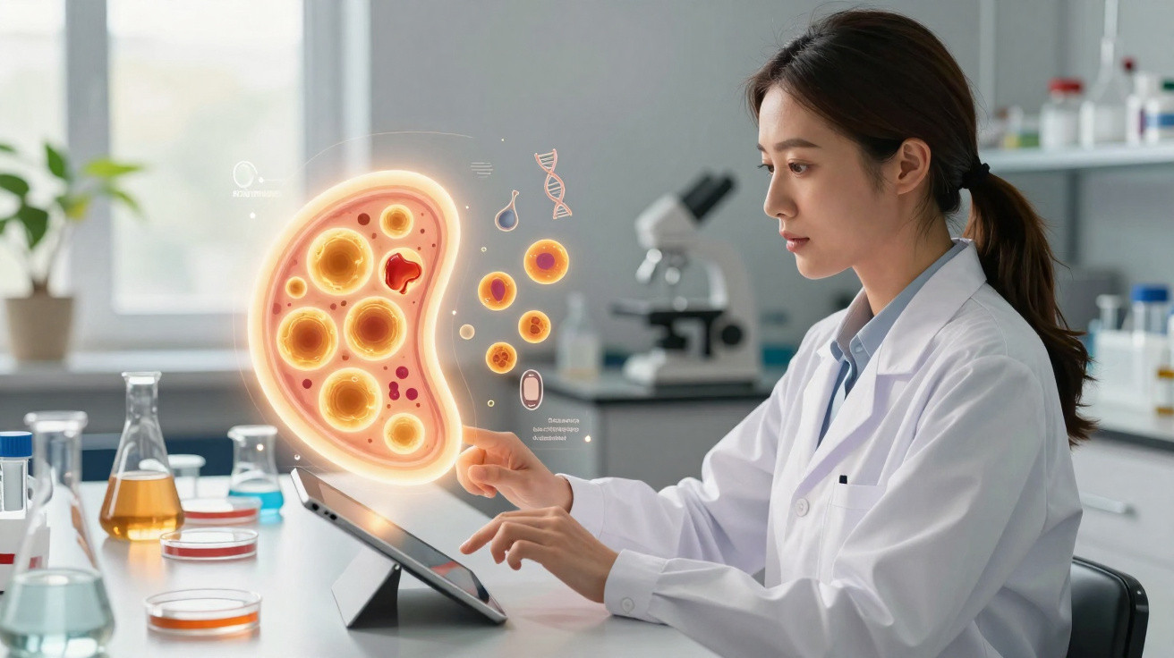 Cientista a analisar imagem digital 3D de células na mão enquanto está num laboratório moderno.