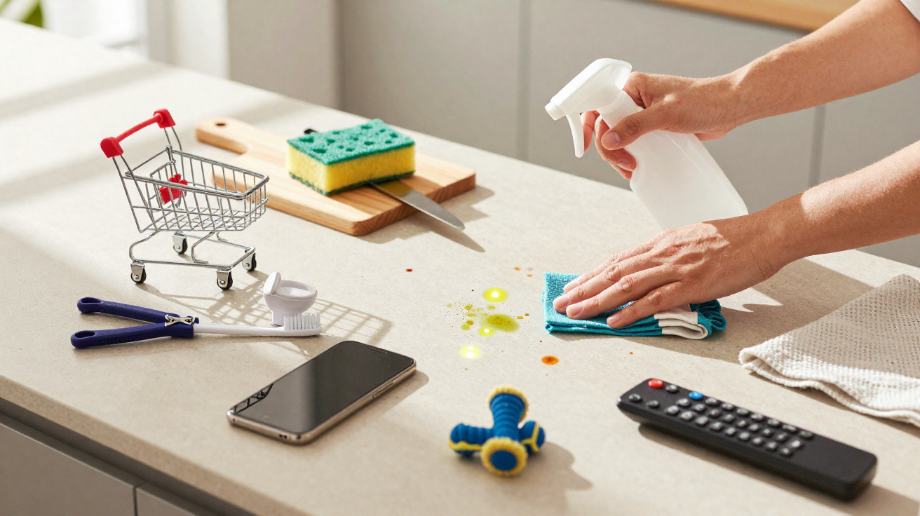 Pessoa a limpar uma bancada de cozinha com esponjas, spray, toalha e vários objetos espalhados.