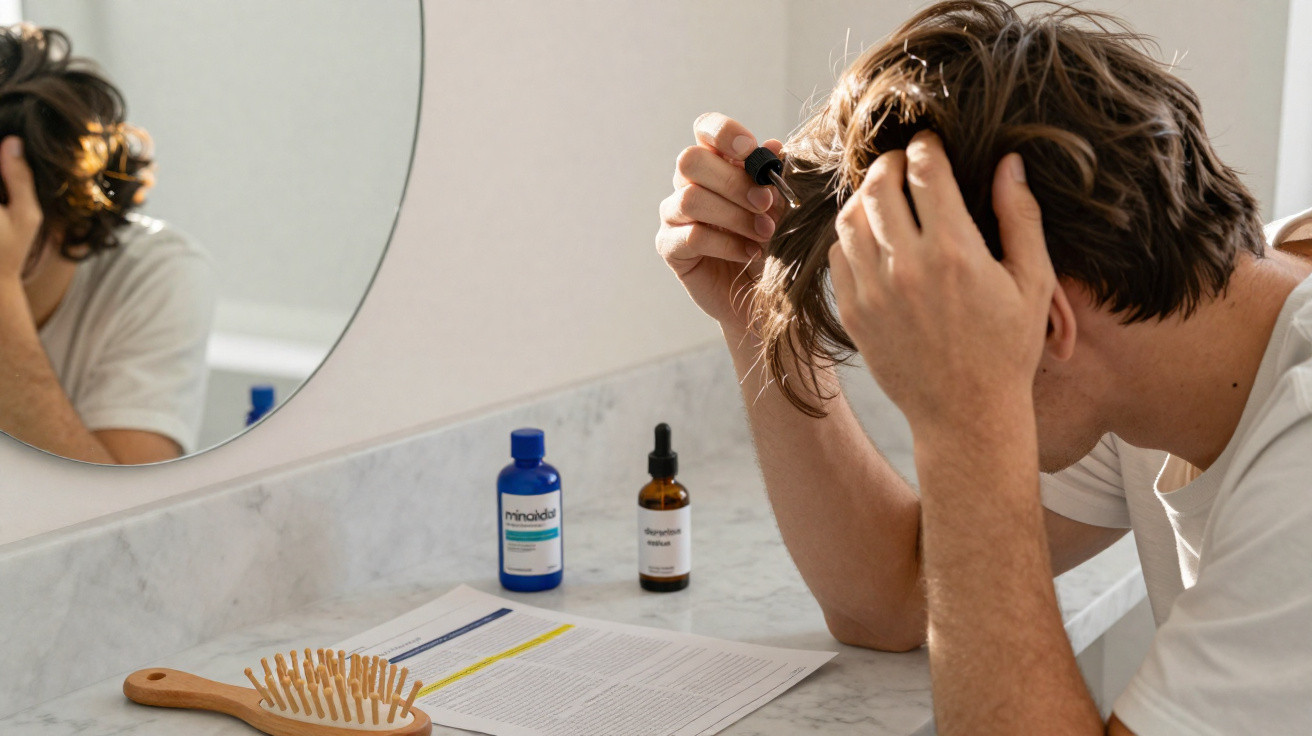 Homem com camisa branca a olhar para o cabelo no espelho de uma casa de banho com produtos capilares na bancada.