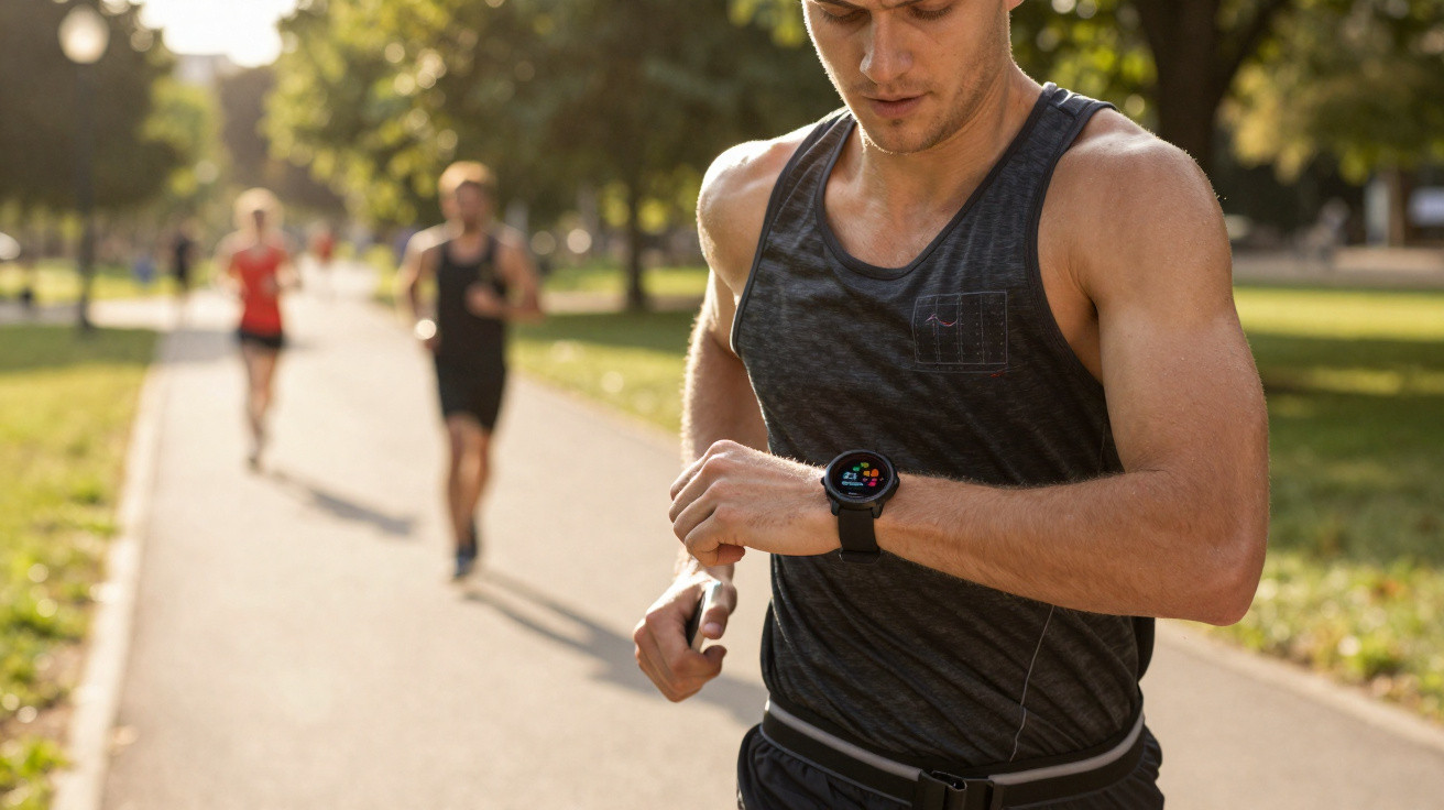 Homem a correr no parque a consultar dados no relógio inteligente no pulso.
