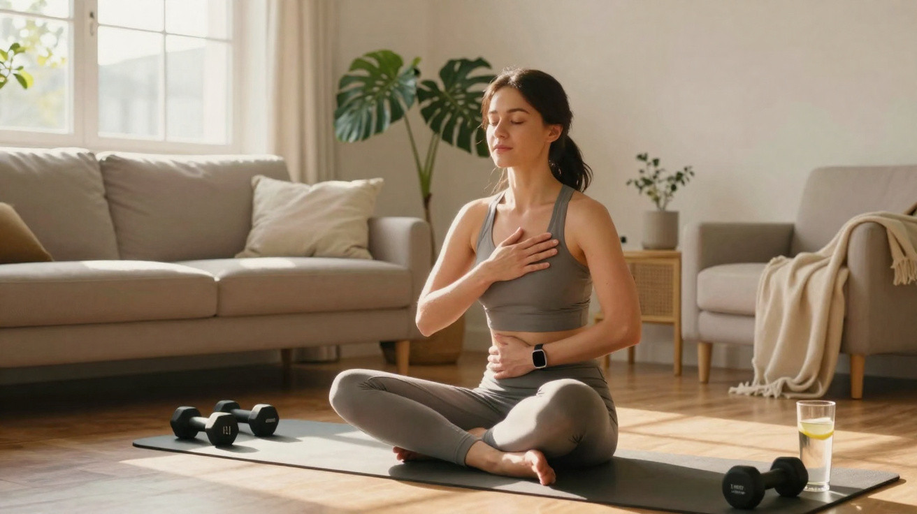 Mulher a meditar em posição de lótus numa sala com tapete, halteres e copo de água com limão.