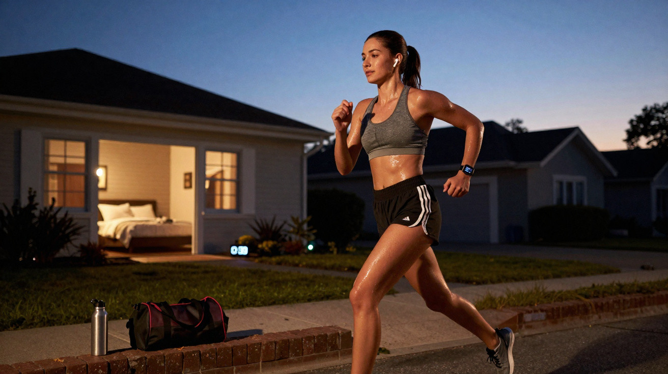 Mulher a correr ao ar livre ao início da noite, com roupa desportiva e auriculares sem fios.