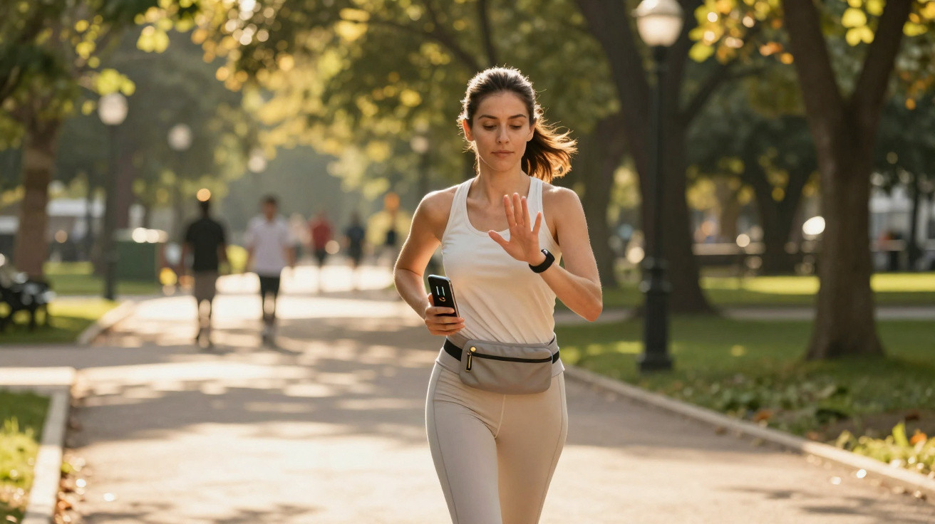 Mulher jovem a correr num parque com roupa desportiva, a olhar para o smartwatch no pulso.