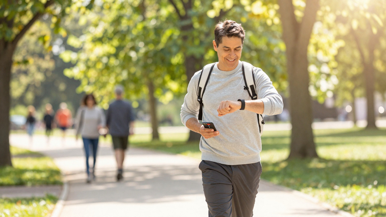 Homem sorridente a caminhar no parque a verificar o smartwatch e a segurar um telemóvel.