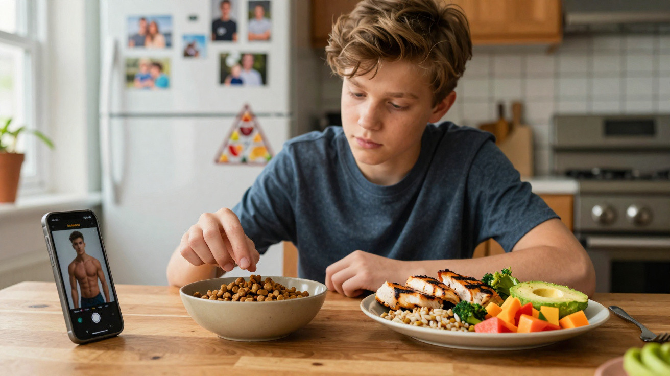 Adolescente sentado à mesa a comer uma refeição saudável enquanto vê um vídeo de fitness no telemóvel.