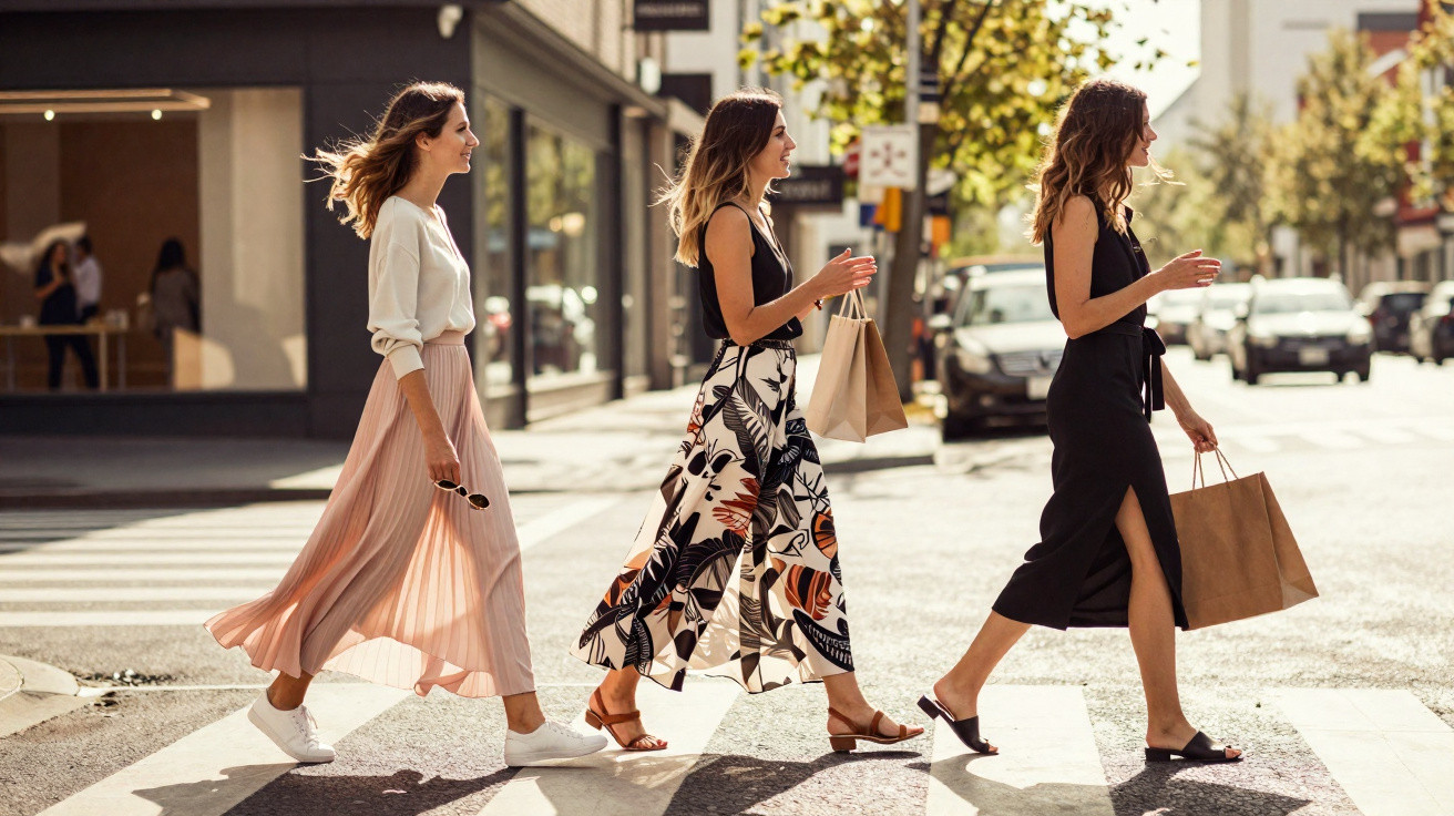 Três mulheres a atravessar passadeira numa rua, com sacos de compras, em dia soalheiro.