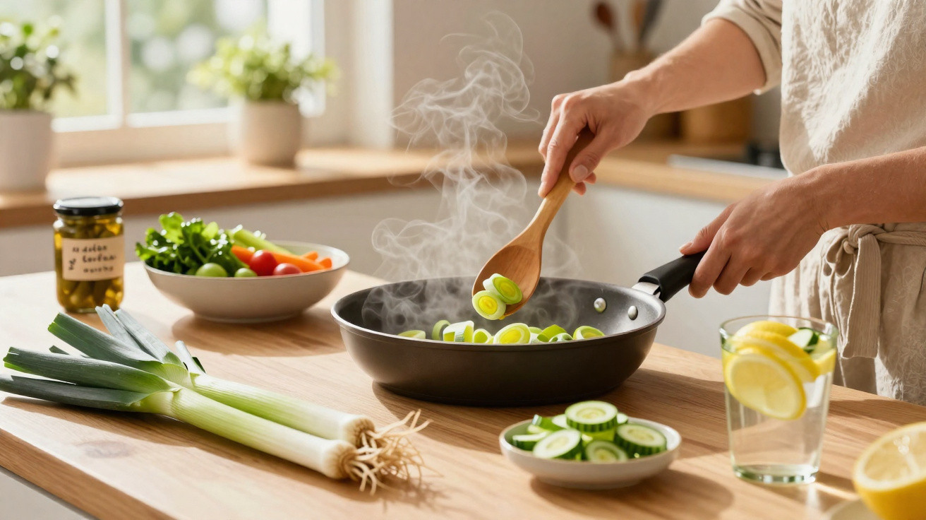 Pessoa a cozinhar alho-francês numa frigideira numa cozinha luminosa com legumes frescos à volta.