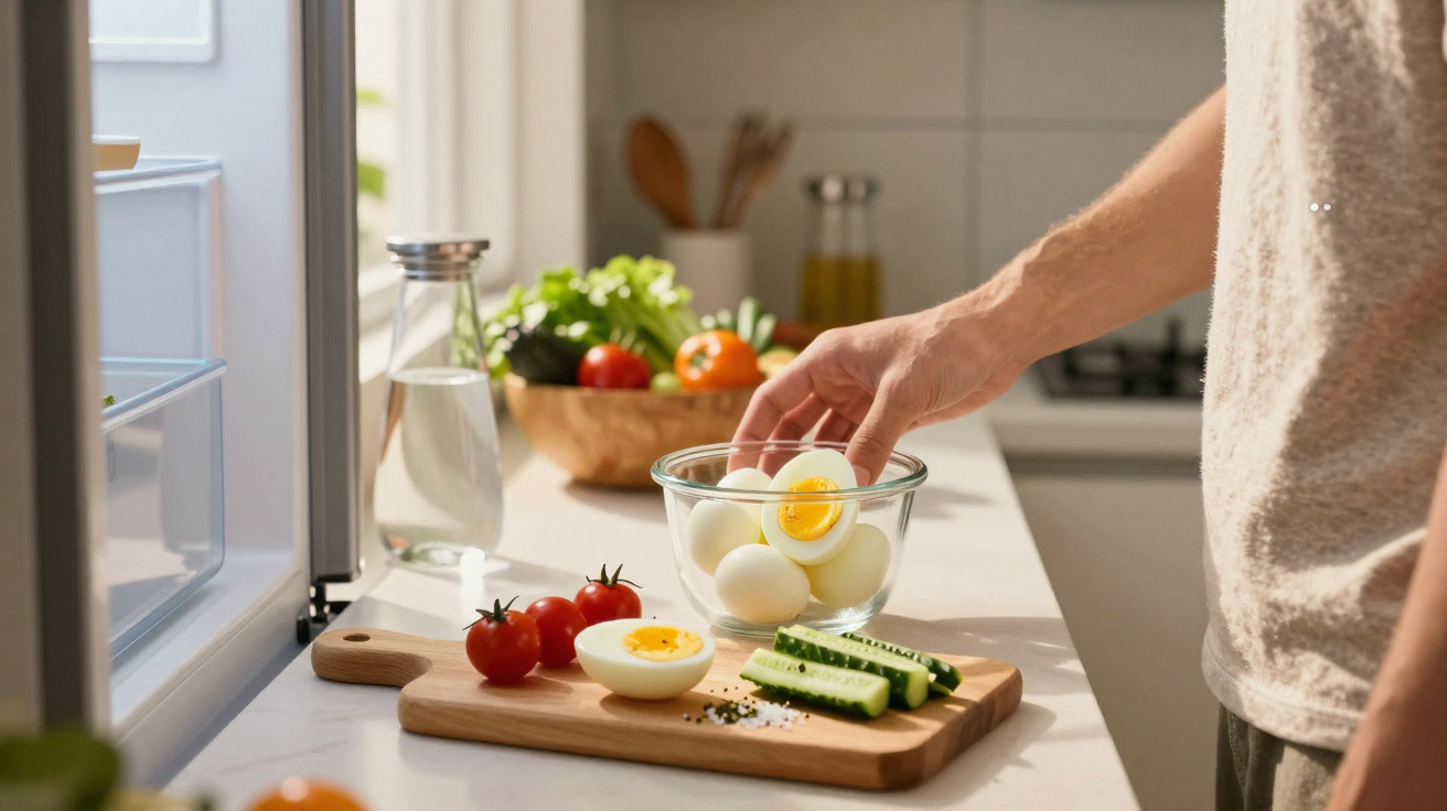 Pessoa a preparar ovos cozidos com tomate e pepino numa cozinha luminosa e moderna.