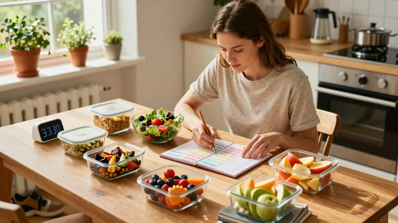 Mulher a planear refeições saudáveis, escrevendo num caderno na cozinha, com várias caixas de comida e salada na mesa.