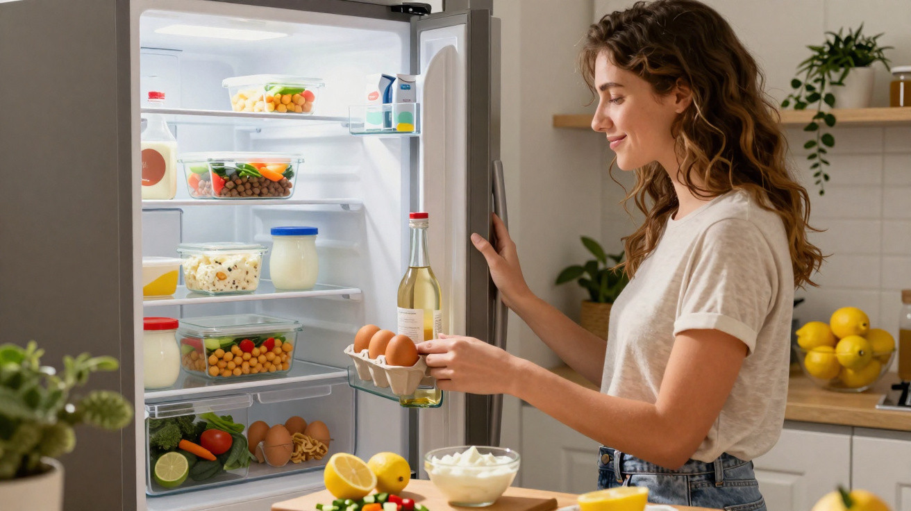 Mulher arruma salada em potes dentro de frigorífico aberto numa cozinha iluminada.