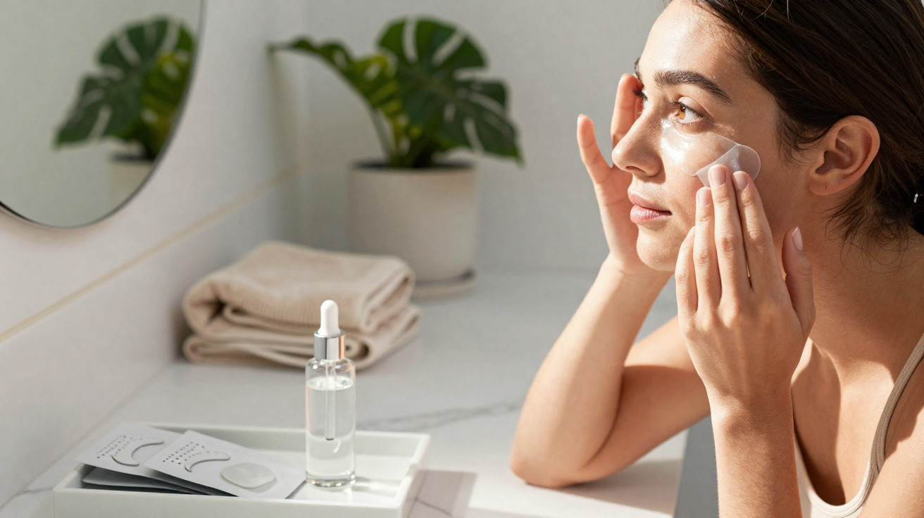 Mulher aplica máscara em forma de coração sob o olho, sentada junto a lavatório com toalhas e produtos.