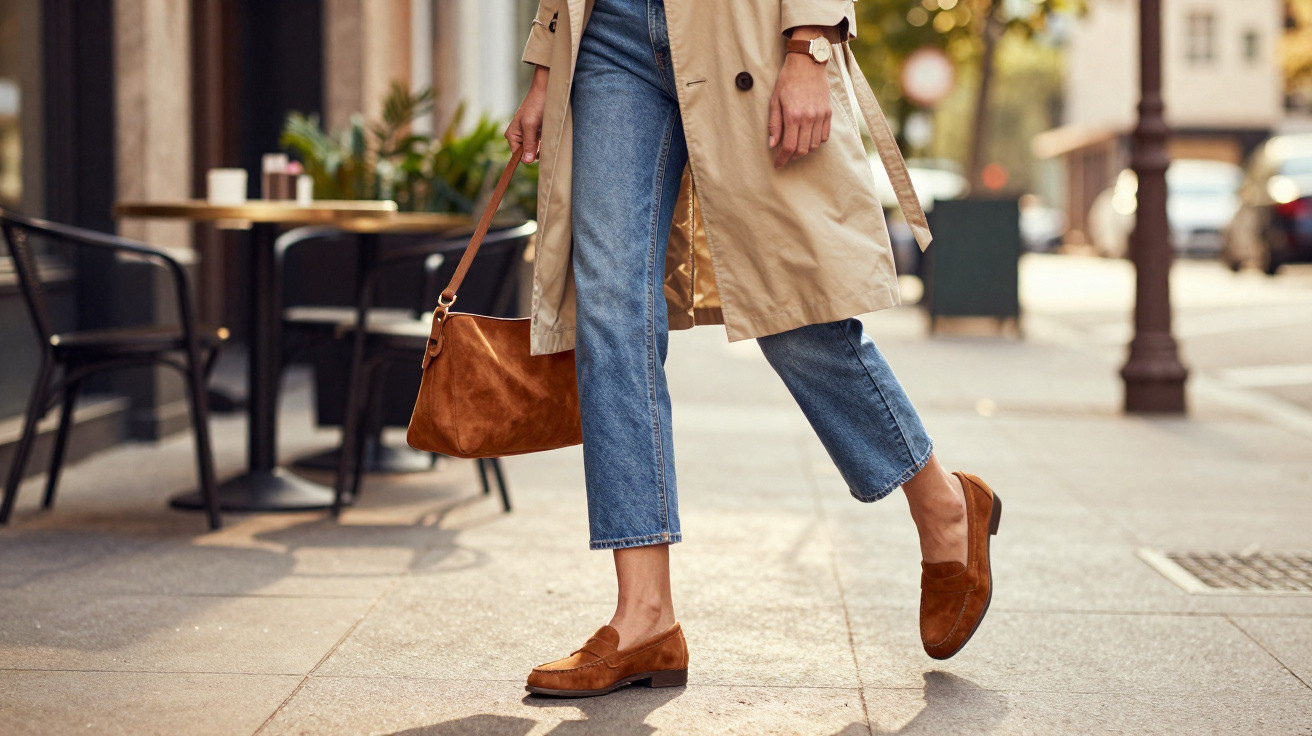 Pessoa de casaco bege, jeans azuis e sapatos castanhos a atravessar uma rua numa cidade.