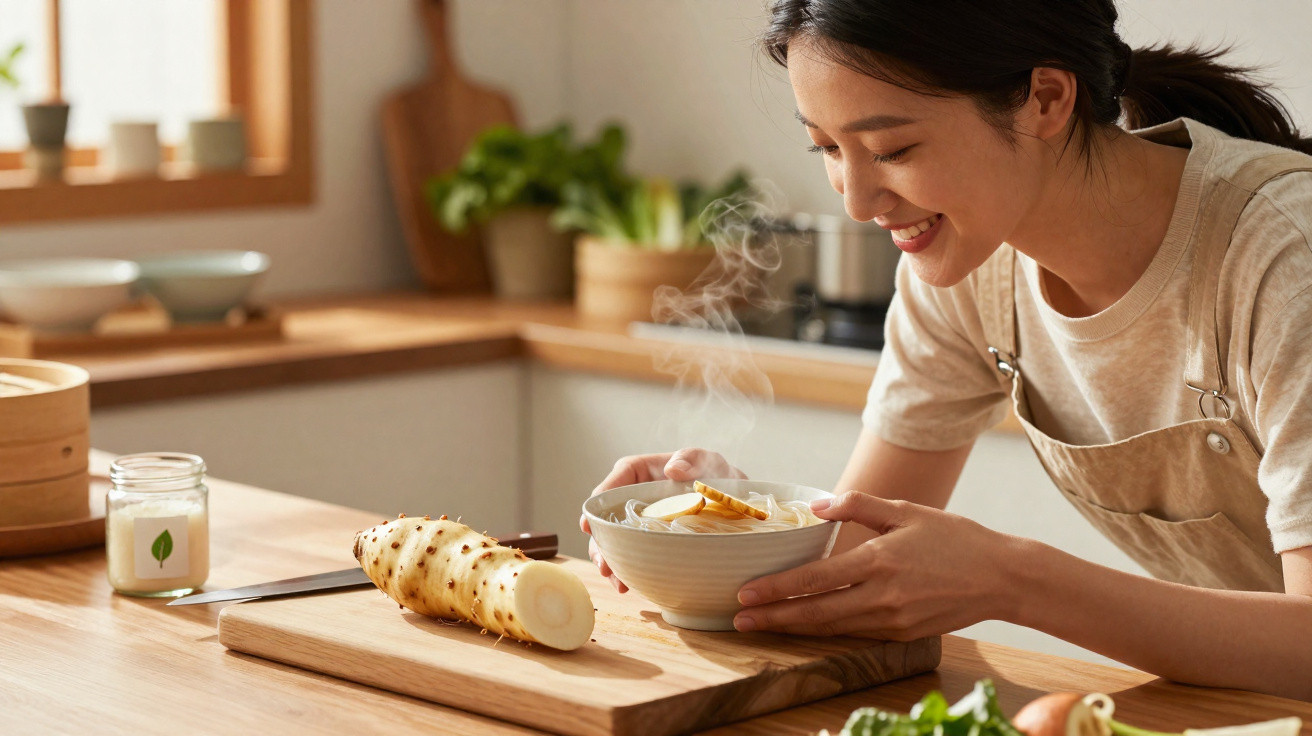 Mulher sorridente a cheirar sopa quente numa cozinha moderna com ingredientes frescos.