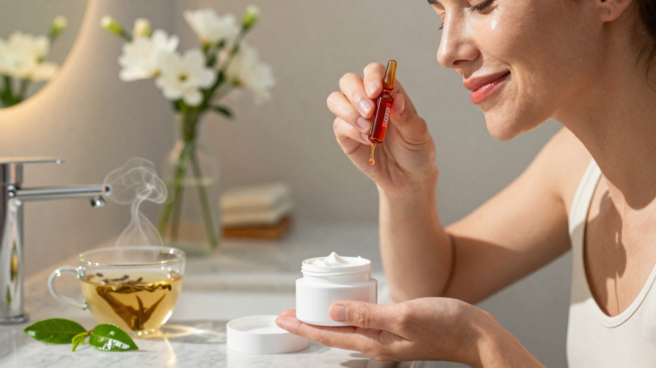 Mulher a aplicar gotas de óleo facial na mão, ao lado de creme e chá quente com paus de canela.