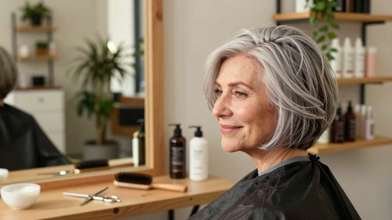 Mulher idosa com cabelo grisalho a receber corte de cabelo num salão de beleza, sorridente e tranquila.