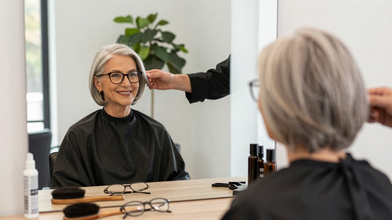 Mulher idosa com cabelo cinza curto e óculos a ser penteada numa cadeira de salão, olhando ao espelho.