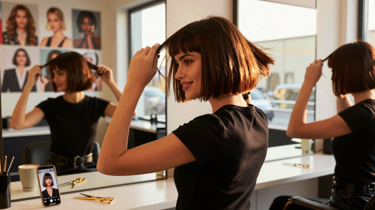 Mulher com cabelo curto e liso, sorridente, a admirar o corte num espelho num salão de beleza.
