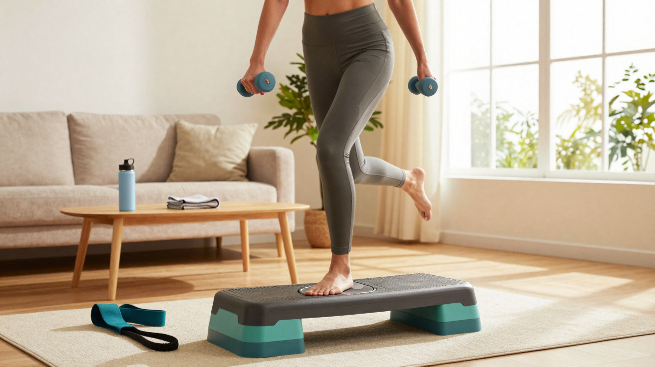 Pessoa a fazer exercício com pesos e step numa sala iluminada e confortável, com tapete e sofá ao fundo.